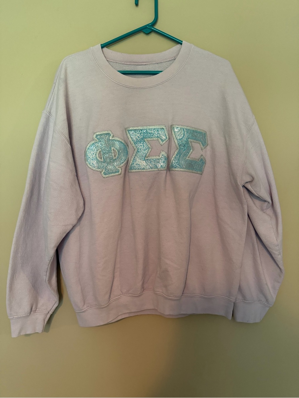 Phi Sigma Sigma Light Pink Crewneck Sweatshirt with Turquoise Greek Letters